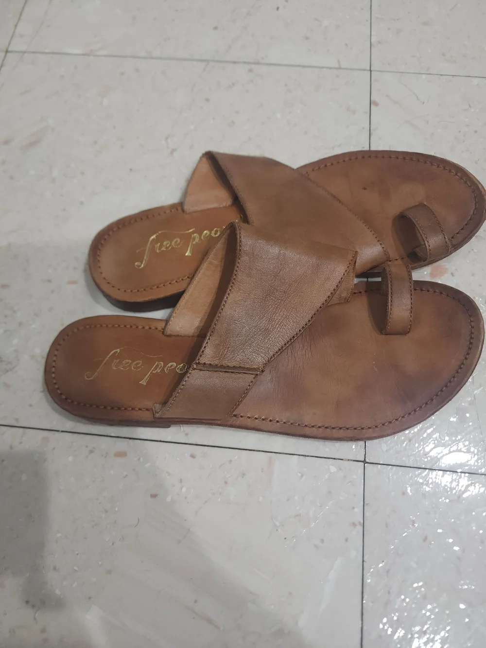 Free People Tan Leather Slide Sandals